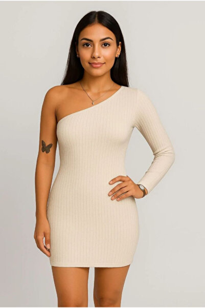 npLStore Rochie mini strânsă din țesătură cu o singură mânecă pentru femei