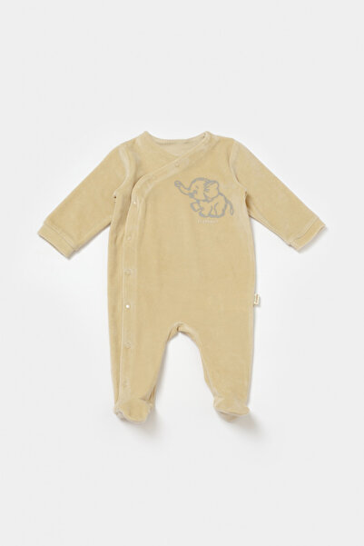 BabyCosy Elephant long sleeve jumpsuit with booties made of 80% cotton and 20% polyester - Stone, 3-6 Months