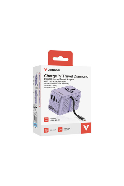 Verbatim Adapter GaN,100W, retractable cable,violet USB-C PD 3.0 QC4+up to 100W/USB-A up to 12W