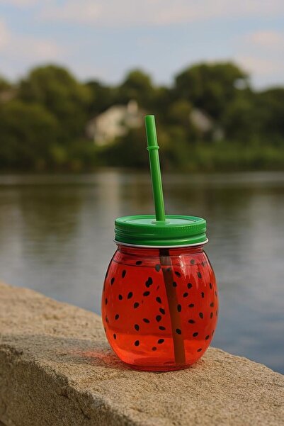 B&D برطمان زجاجي من ماسون، ٥٠٠ مل، تصميم بطيخ مع غطاء من القش (أحمر وأخضر)