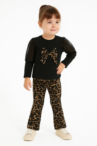 Selvira Leopard Patterned Bowknot 2-Piece Girls' Set (Sweatshirt + Leggings) ...