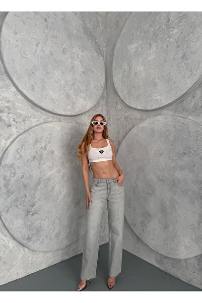 BPF Açik Gri Wide Leg Denim Pantolon