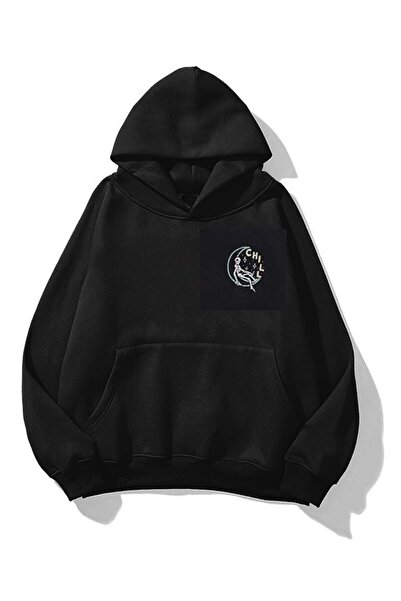 Know Kadın Siyah Chill Baskılı Oversize Kapüşonlu Sweatshirt Hoodie