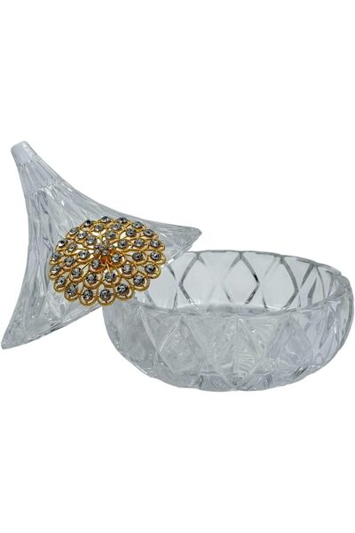 B&D Crystal-Style Decorative Bowl with Gold Crystal-Adorned Lid, Diamond Pattern (Transparent)