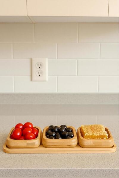 Akkoyunlu home 3-Piece Plate Set with Bamboo Stand, Sauce Bowl, Jam Bowl, Bre...