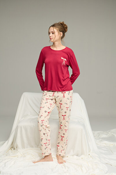 Siyah İnci Cherry Bow Pattern Embroidered Knitted Cotton Pajama Set 25240205