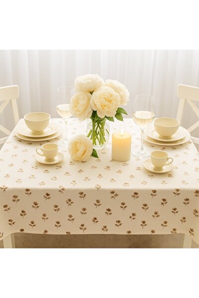 Pucioasa Teflon-coated cotton tablecloth, round, diameter 160cm, beige flowers 1