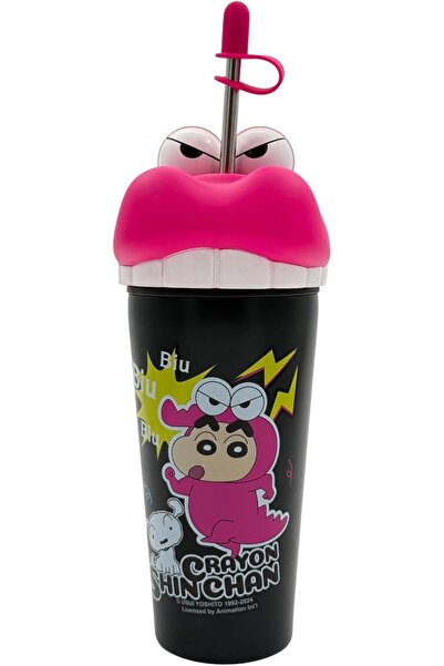 B&D Crayon Shin Chan Kids Vacuum Water Bottle, Black with Pink Lid, Insulated with Straw