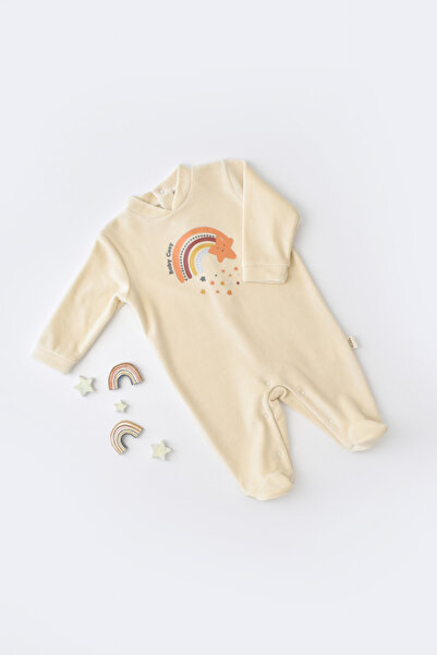 BabyCosy Rainbow long sleeve jumpsuit with booties made of 80% cotton and 20% polyester - Cream, 6-9 months