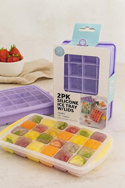 B&D B & D Silicone Ice Cube Trays with Lids, 24 Cubes, 2-Pack, Purple, 19.5 × 12.5 × 3 cm