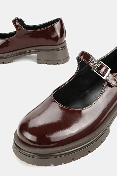 TUNAELLİ Women's Burgundy Patent Leather Genuine Natural Leather Size 36-41 Buckle Thick Heel Mary Jane Shoes