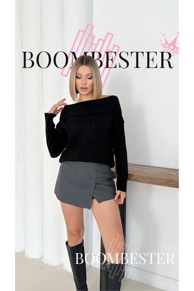 BoomBester Pulover tricotat moale pentru femei, ecru, cu detaliu pe umăr, guler Madonna –