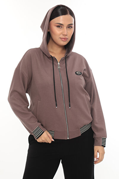 EXİTLİNE Women's Winter Zippered Hooded Custom Logo Mink Color Sweat Shirt Tracksuit Set