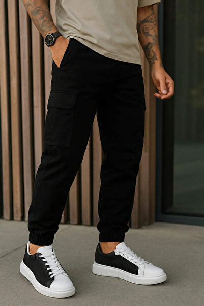 DAMGA JEANS Erkek Yüksek Bel Lastikli Siyah Taktik Kargo Pantolon