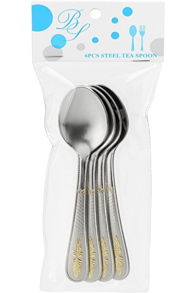 B&D Stainless Steel Tea Spoons with Golden Pattern, Set of 6, Silver