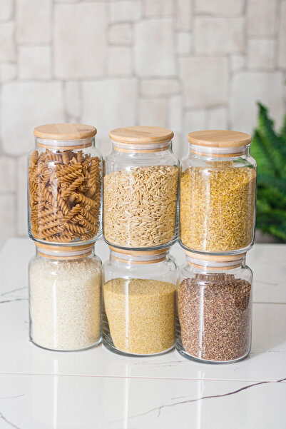 Mustran Set of 6 Glass Jar with Bamboo Lid & Food Storage Container 800 ml Medium Size (Vacuum Lid)