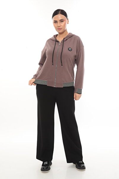 EXİTLİNE Women's Winter Zippered Hooded Custom Logo Mink Color Sweat Shirt Tracksuit Set