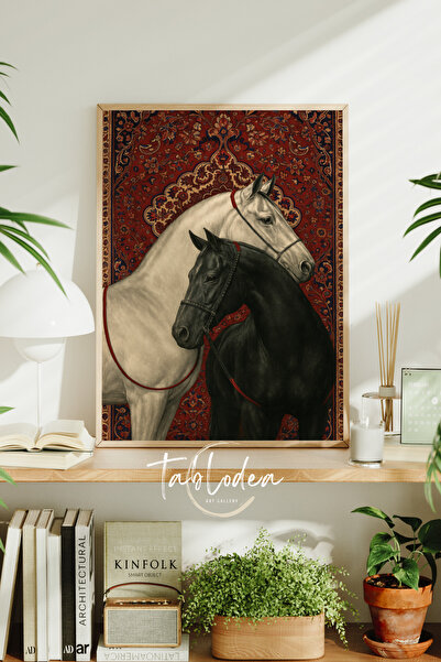 tablodea Klasik Osmanlı Halı Motifli Siyah Beyaz At Desenli Çerçeveli Poster ...