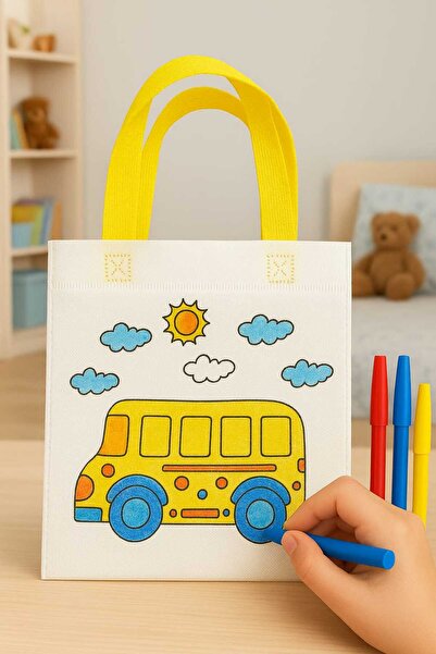 Genel Markalar Temalı Boyanabilir Bez El Çantası – Çocuklar İçin Eğitici Etkinlik Çantası 3 Boya Kalemi Hediyeli