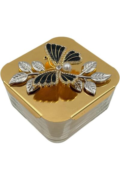 B&D جرة تخزين زجاجية مزخرفة بغطاء ذهبي، فراشة لؤلؤية - صندوق مجوهرات شفاف وذهبي