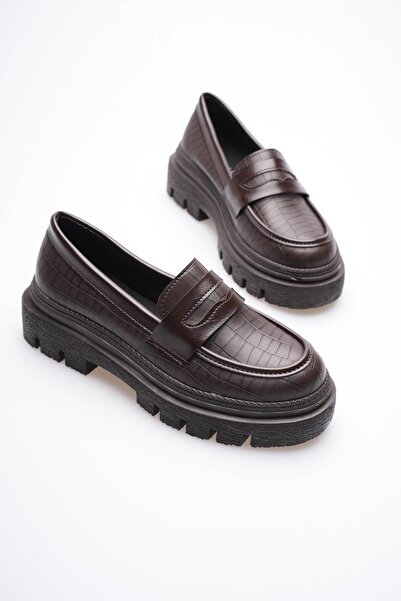Mubiano Жіночі шкіряні лофери Оксфорд з крокодилячим візерунком, товста комфортна підошва, кавовий колір Carmin