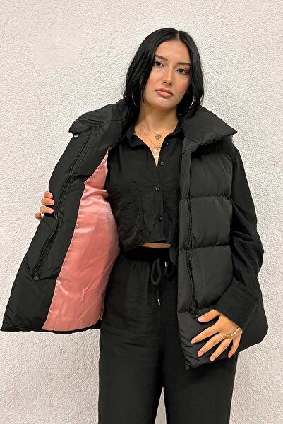 MİSSKAYLE Чорний надувний жилет з рожевою підкладкою
