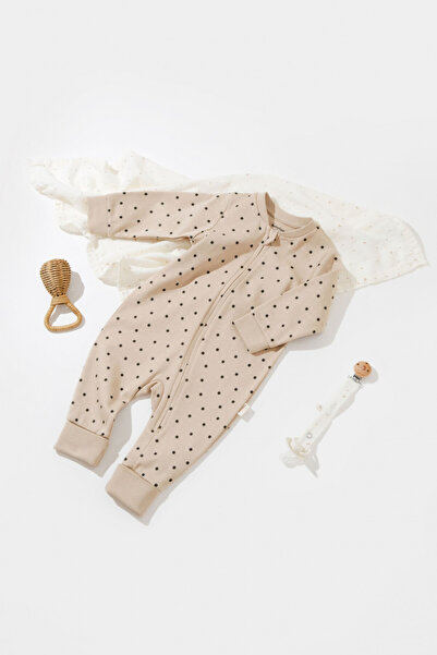 BabyCosy Giraffe polka dot jumpsuit with zipper, BabyCosy, 100% cotton, Mink, 3-6 Months