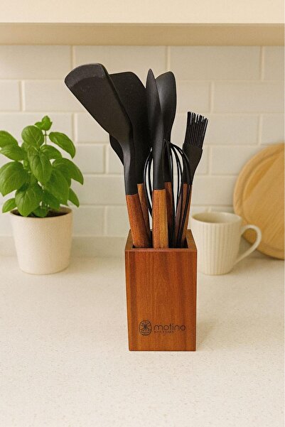 Akkoyunlu home طقم أدوات مطبخ من السيليكون مكون من 5 قطع مع حامل من خشب الأكا...