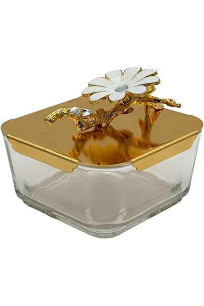 B&D جرة زجاجية مربعة مزخرفة بغطاء ذهبي، تصميم أقحوان أبيض، حاوية تخزين أنيقة