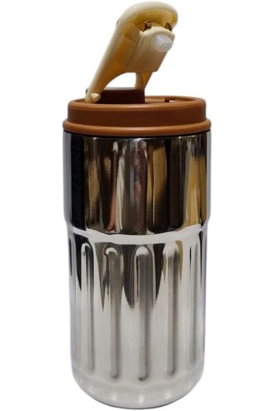 B&D Vacuum Insulated Stainless Steel Coffee Cup, 460 ml, Faceted Design, Brown Lid