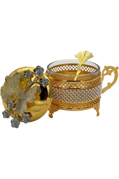 B&D Decorative Date Bowl with Pearlescent Accents, Gold Metal Stand & Decorative Lid