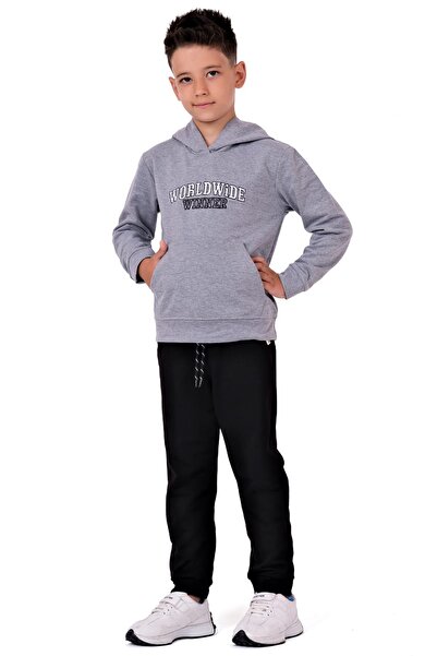 Mnk Baby&Kids Boy's Worldwide Winner Embroidered Kangaroo Pocket Hooded Tracksuit Set Gray