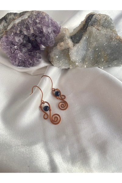 İDE TAKI TASARIMM Handmade Natural Stone Turquoise Stone [Healing and Protection] Earrings Made from Raw Copper [Healing and Protection]