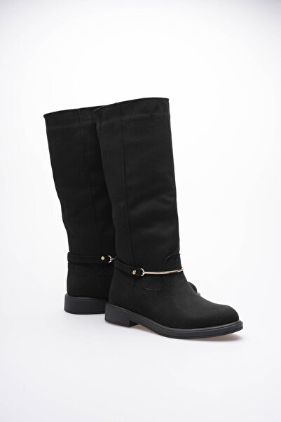Mubiano Women's Suede Pull-On Boots with Gold Buckle Black Rionna