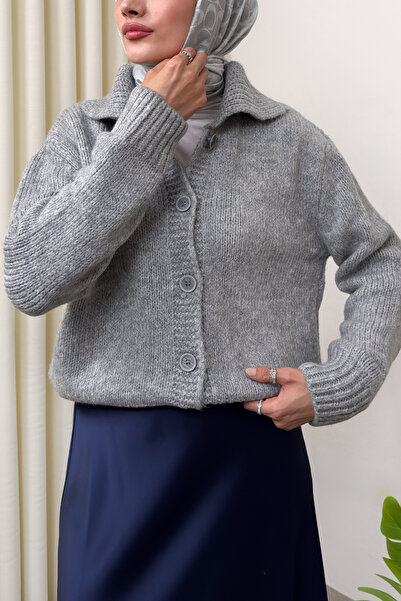 Salih Çelebi Collar Detailed Knitwear Cardigan 0179 - Gray