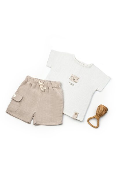BabyCosy Set tricou ecru cu pantaloni scurti TeddyBear, 100% bumbac , 6-9 luni