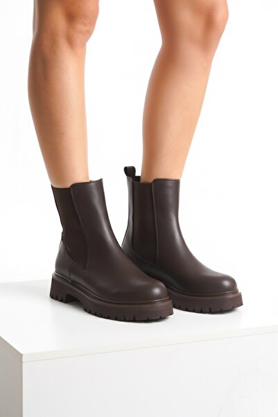 ELAIA SHOES Γυναικείες μπότες LYON καφέ από συνθετικό δέρμα με λεπτομέρεια από καουτσούκ με χοντρή σόλα