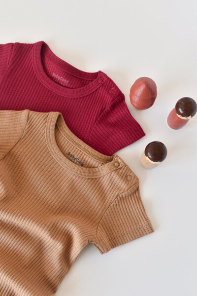 BabyCosy Set of 2 short-sleeved cotton and modal jumpsuits - Red/Brown, 18-24 Months