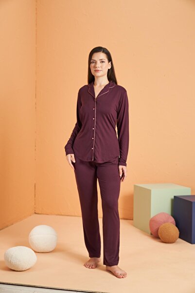 PJS Women's Viscose Pajama Set - Buttoned Piped Pocket Long Sleeve