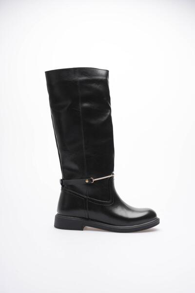 Mubiano Women's Leather Pull-On Boots Gold Buckle Black Rionna