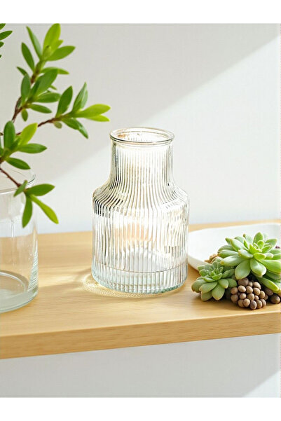 MİNİ MORA Modern Çizgili (Ribbed) Cam Vazo 20cm Şeffaf