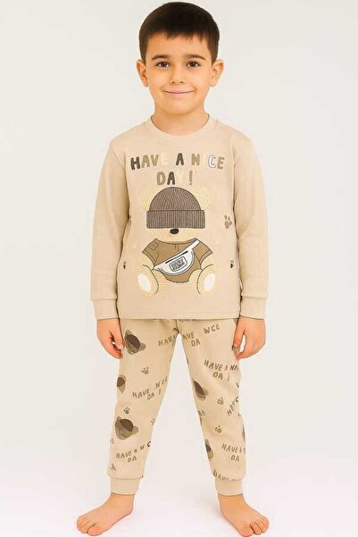 Hümazade Ecru Teddy Bear 4-5-6 Years Old Children's Top and Bottom Set Pajama...