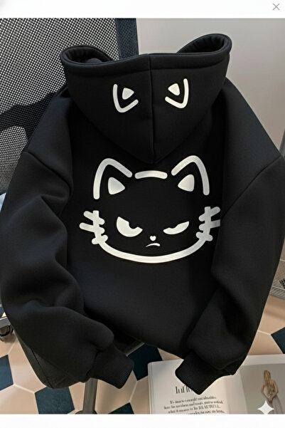 dwnwear Women'S/Unisex Maneki-Neko Cat Black Hoodie
