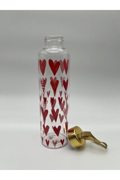 B&D Glass Water Bottle with Red Heart Pattern, 100 ml, Gold Cap, Travel Size