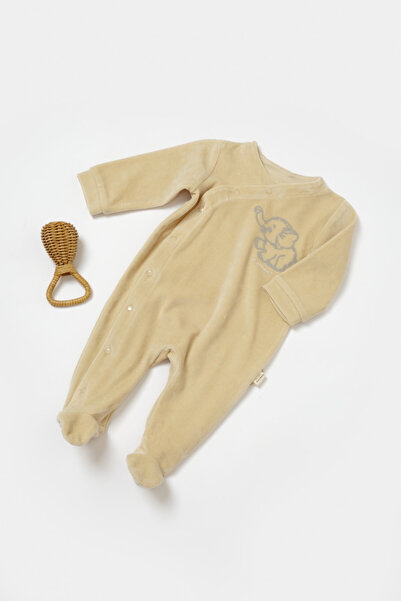 BabyCosy Elephant long sleeve jumpsuit with booties made of 80% cotton and 20% polyester - Stone, 3-6 Months