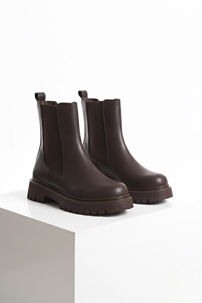 ELAIA SHOES Γυναικείες μπότες LYON καφέ από συνθετικό δέρμα με λεπτομέρεια από καουτσούκ με χοντρή σόλα