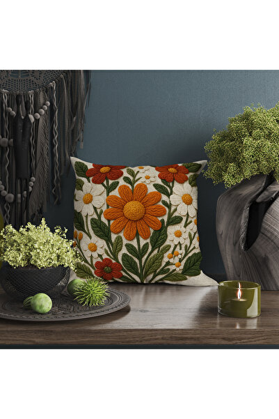 Ahsen Dekoratif Embroidery Pattern Digital Printed Yellow Orange Autumn Themed 4-Piece Throw Pillow Cover Set