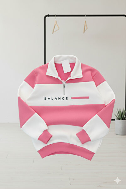 NİCE Унісекс коричнево-біла смугаста толстовка на блискавці - з написом «BALANCE»