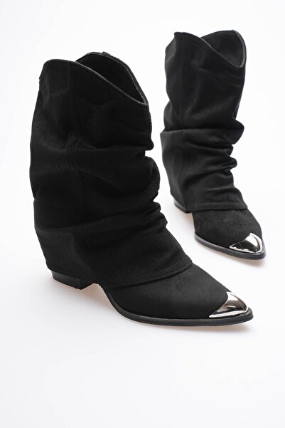 Mubiano Women's Suede Boots Gusseted Pull-On Platinum Detailed Western Black Milora