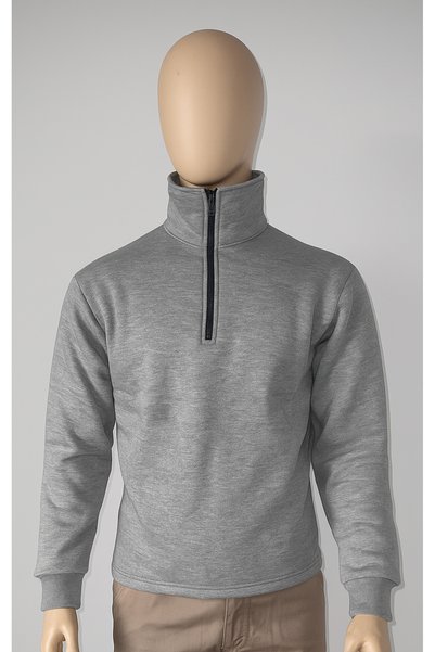 BVK GİYİM Gray Melange Sweatshirt, Half Zipper, Cotton, Fleece Lined